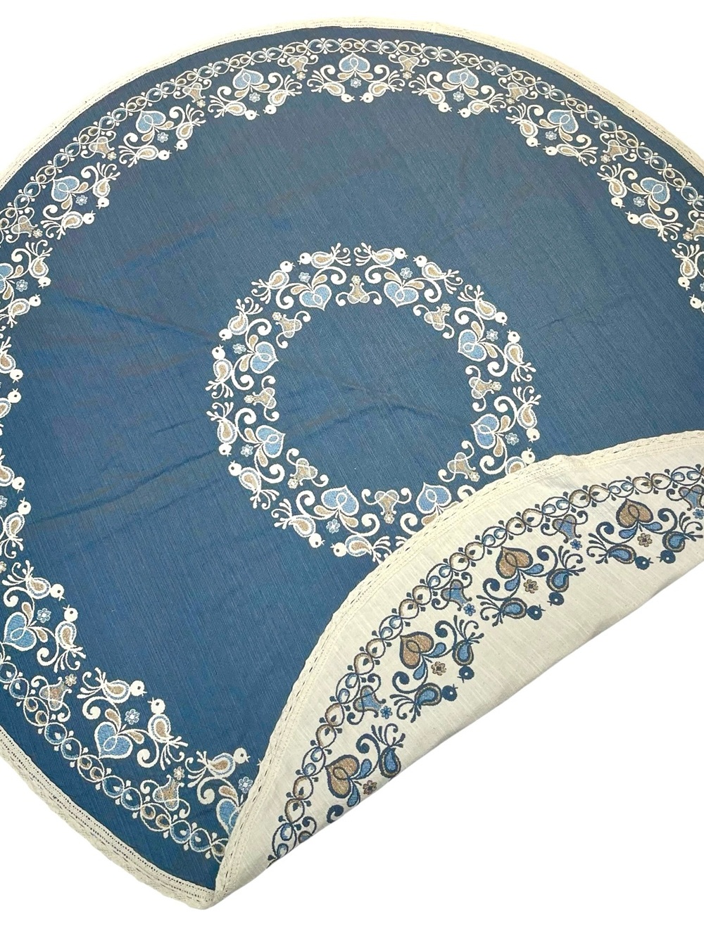 Vintage Reversible Round Tablecloth Cover Folk Art Floral Cottagecore